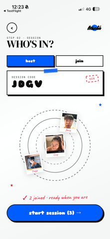 Minti session screen showing friends joining with a session code